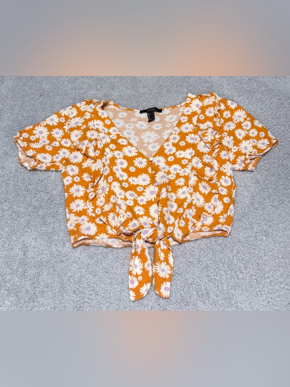 Forever 21 Women's Orange Floral Print Front Tie Crop Top Blouse Size Small